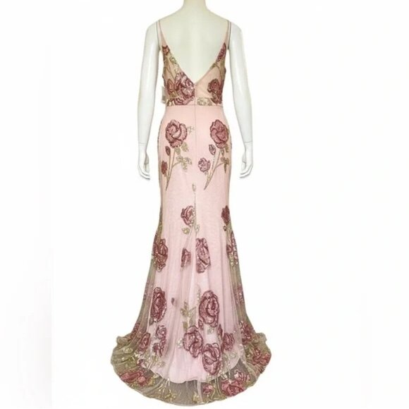 Morgan & Co 10134 Pink Gown with Floral Sequin Mesh Overlay Prom Gown Size 7 NWT - Picture 4 of 8